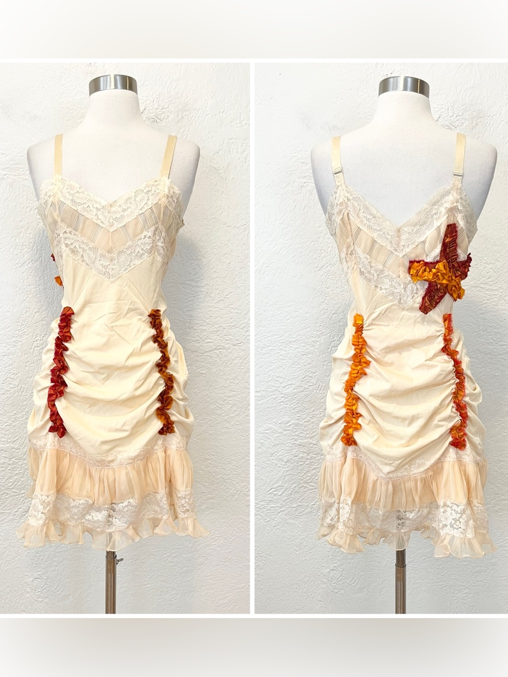 Vintage Slip Dress Cream Ruffle Ruched Fairy Coquette Grunge Boho XS/S